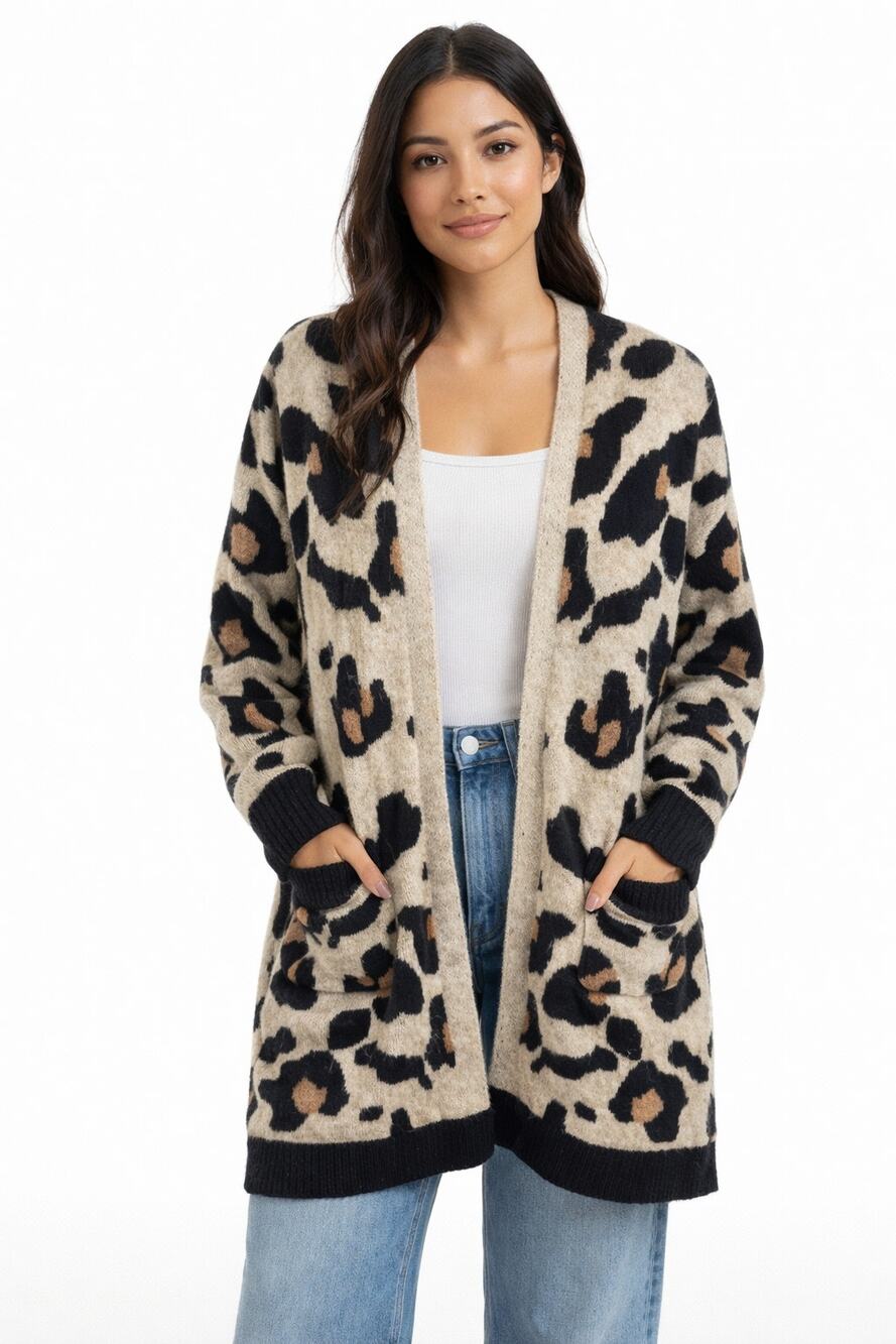 Altar’d State Leopard Animal Print Open Front Cardigan S/M Pockets